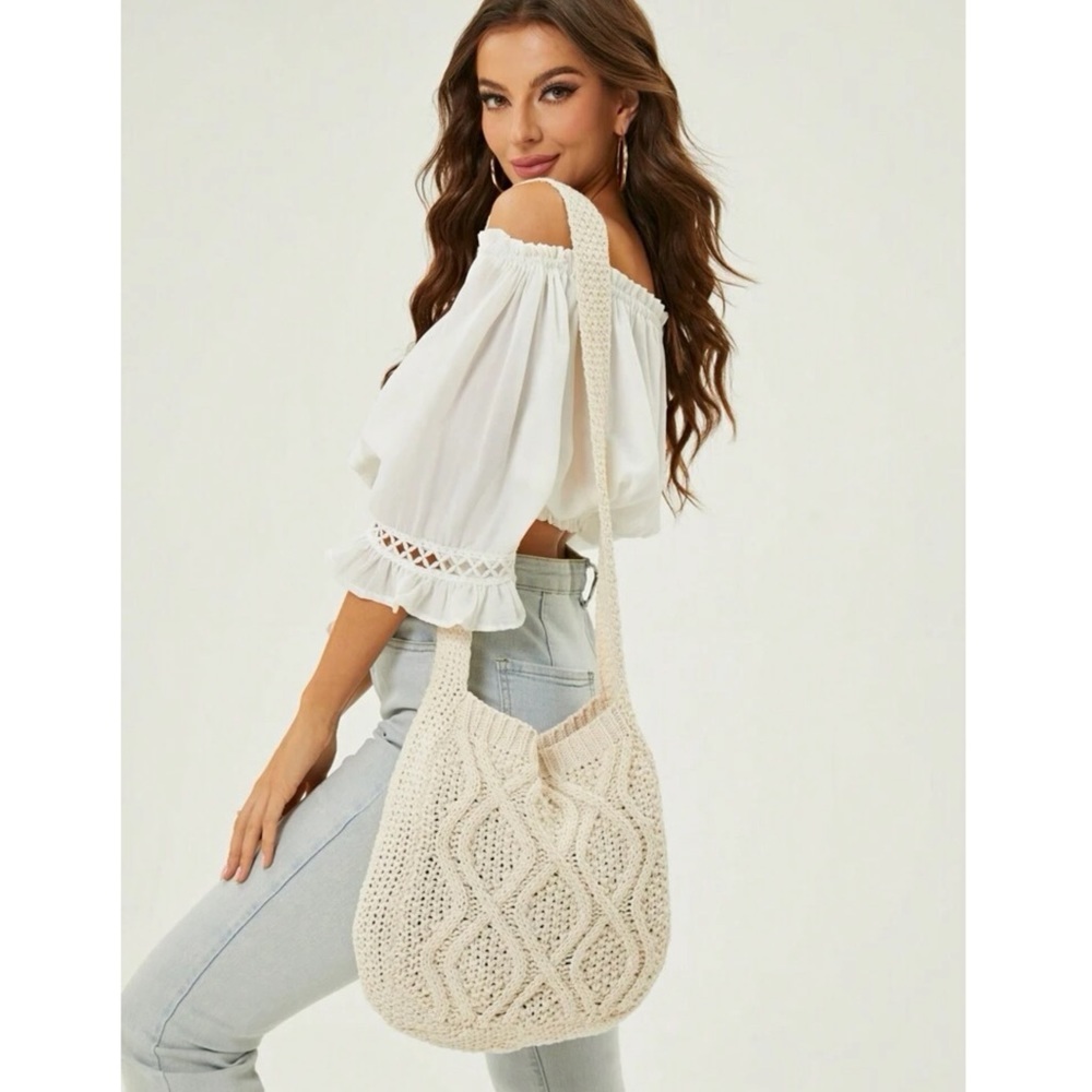 Beige Crochet Knit Shoulder Bag